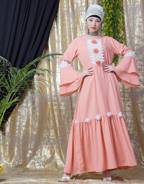 Dubai Bell Sleeve flowers around knee party Abaya Peach